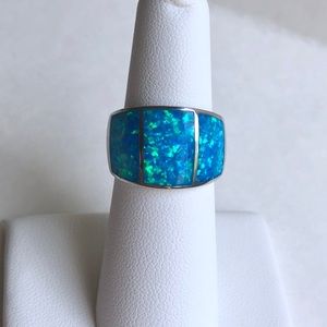 Blue Opal Inlay Dome Style Sterling Silver Ring